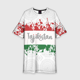 Детское платье 3D с принтом Таджикистан в Тюмени, 100% полиэстер | прямой силуэт, чуть расширенный к низу. Круглая горловина, на рукавах — воланы | Тематика изображения на принте: asia | blots | drops | flag | paint | republic of tajikistan | splashes | state | азия | брызги | государство | капли | кляксы | краска | республика | таджикистан | флаг