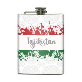 Фляга с принтом Таджикистан в Тюмени, металлический корпус | емкость 0,22 л, размер 125 х 94 мм. Виниловая наклейка запечатывается полностью | asia | blots | drops | flag | paint | republic of tajikistan | splashes | state | азия | брызги | государство | капли | кляксы | краска | республика | таджикистан | флаг