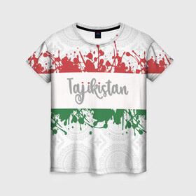 Женская футболка 3D с принтом Таджикистан в Тюмени, 100% полиэфир ( синтетическое хлопкоподобное полотно) | прямой крой, круглый вырез горловины, длина до линии бедер | asia | blots | drops | flag | paint | republic of tajikistan | splashes | state | азия | брызги | государство | капли | кляксы | краска | республика | таджикистан | флаг