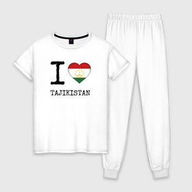 Женская пижама хлопок с принтом Таджикистан в Тюмени, 100% хлопок | брюки и футболка прямого кроя, без карманов, на брюках мягкая резинка на поясе и по низу штанин | Тематика изображения на принте: asia | coat of arms | flag | heart | i | love | ornament | patterns | republic | state | tajikistan | азия | герб | государство | люблю | орнамент | республика | сердце | таджикистан | узоры | флаг | я
