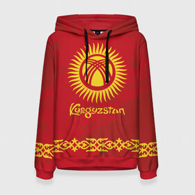 Женская толстовка 3D с принтом Киргизия в Тюмени, 100% полиэстер  | двухслойный капюшон со шнурком для регулировки, мягкие манжеты на рукавах и по низу толстовки, спереди карман-кенгуру с мягким внутренним слоем. | asia | coat of arms | kyrgyz republics | kyrgyzstan | ornament | state | азия | герб | государство | киргизия | киргизская республика | кыргыз республикасы | кыргызстан | орнамент