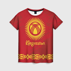 Женская футболка 3D с принтом Киргизия в Тюмени, 100% полиэфир ( синтетическое хлопкоподобное полотно) | прямой крой, круглый вырез горловины, длина до линии бедер | asia | coat of arms | kyrgyz republics | kyrgyzstan | ornament | state | азия | герб | государство | киргизия | киргизская республика | кыргыз республикасы | кыргызстан | орнамент