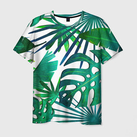 Мужская футболка 3D с принтом Тропические листья на светлом в Тюмени, 100% полиэфир | прямой крой, круглый вырез горловины, длина до линии бедер | 