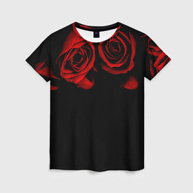 Женская футболка 3D с принтом Готика в Тюмени, 100% полиэфир ( синтетическое хлопкоподобное полотно) | прямой крой, круглый вырез горловины, длина до линии бедер | black | flowers | red | rose | rozario | vampire | алые | бутоны | вампир | винтаж | готический | красныерозы | кровь | лепестки | летний | лето | ночь | природа | растения | роза | розочка | розы | рок | темный | узор