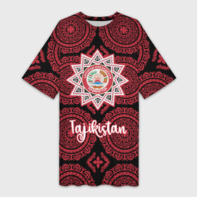 Платье-футболка 3D с принтом Таджикистан в Тюмени,  |  | asia | coat of arms | crown | emblem | flag | order | ornament | patterns | president | republic | stars | state | tajikistan | азия | герб | государство | звезды | корона | орден | орнамент | президента | республика | таджикистан | узоры | флаг | эмблема