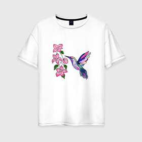 Женская футболка хлопок Oversize с принтом Райская птичка в Тюмени, 100% хлопок | свободный крой, круглый ворот, спущенный рукав, длина до линии бедер
 | bird | flowers | бабочки | бутоны | ветки | джунгли | зелень | клюв | колибри | крылья | лепестки | летний | лето | листья | перья | попугай | птаха | птица | птички | рай | растения | рисунок | солнце | тропики