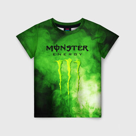 Детская футболка 3D с принтом MONSTER ENERGY в Тюмени, 100% гипоаллергенный полиэфир | прямой крой, круглый вырез горловины, длина до линии бедер, чуть спущенное плечо, ткань немного тянется | Тематика изображения на принте: brend | green | monster energy | андреналин | бренд | зеленый | логотип | монстр | напиток | энергетик | энергия