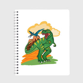 Тетрадь с принтом Динозавр в Тюмени, 100% бумага | 48 листов, плотность листов — 60 г/м2, плотность картонной обложки — 250 г/м2. Листы скреплены сбоку удобной пружинной спиралью. Уголки страниц и обложки скругленные. Цвет линий — светло-серый
 | Тематика изображения на принте: вулкан | динозавры | динозавры в природе | летающий динозавр | хищник