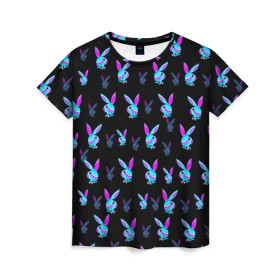 Женская футболка 3D с принтом Playboy в Тюмени, 100% полиэфир ( синтетическое хлопкоподобное полотно) | прямой крой, круглый вырез горловины, длина до линии бедер | playboy | абстракция | зая | заяц | краска | кролик | кролик плейбой | лето | море | неон | отдых | плейбой | плэйбой | пляж | текстура