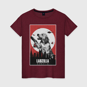 Женская футболка хлопок с принтом Лабзилла в Тюмени, 100% хлопок | прямой крой, круглый вырез горловины, длина до линии бедер, слегка спущенное плечо | вертолеты | годзилла | лабрадор | пес | постер | собака | собачник | фильм | щенок