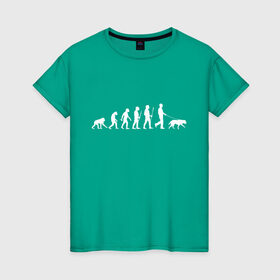 Женская футболка хлопок с принтом Эволюция. Лабрадор в Тюмени, 100% хлопок | прямой крой, круглый вырез горловины, длина до линии бедер, слегка спущенное плечо | homo sapiens | дарвин | лабрадор | люди | неандерталец | пёс | развитие | собака | собачник | эволюция