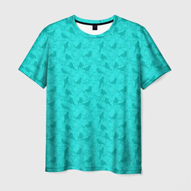 Мужская футболка 3D с принтом Зеленые птицы летний узор в Тюмени, 100% полиэфир | прямой крой, круглый вырез горловины, длина до линии бедер | бежевый | бирюзовый | зеленый | нейтральный | паттерн | повседневный | принт | природа | птицы | птички | светлый | силуэты | узор