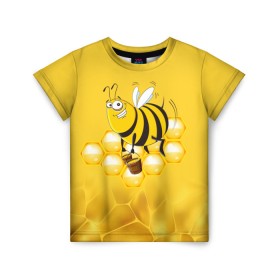 Детская футболка 3D с принтом Лето. Пчелы. Мед в Тюмени, 100% гипоаллергенный полиэфир | прямой крой, круглый вырез горловины, длина до линии бедер, чуть спущенное плечо, ткань немного тянется | Тематика изображения на принте: лето | мед | насекомые | пчела | соты | улей