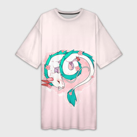 Платье-футболка 3D с принтом Спящий дракон Хаку чиби цветы в Тюмени,  |  | Тематика изображения на принте: аниме | арт | божество | градиент | дракон | дракон бог | дракончик | дракоша | малыш | мило | пастельный | персонаж | простой | рисунок | розовый | светлый | спящий дракон | студия гибли