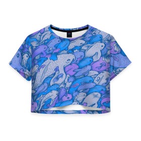 Женская футболка Crop-top 3D с принтом косяк рыб крупно рисунок в Тюмени, 100% полиэстер | круглая горловина, длина футболки до линии талии, рукава с отворотами | арт | косяк | много | морские жители | морской | подводный мир | рисунок | рыбки | рыбы | синий | фиолетовый