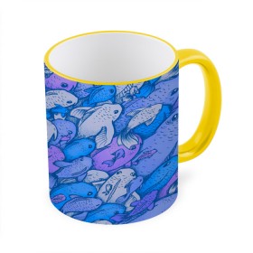 Кружка с принтом косяк рыб крупно рисунок в Тюмени, керамика | ёмкость 330 мл | арт | косяк | много | морские жители | морской | подводный мир | рисунок | рыбки | рыбы | синий | фиолетовый