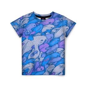 Детская футболка 3D с принтом косяк рыб крупно рисунок в Тюмени, 100% гипоаллергенный полиэфир | прямой крой, круглый вырез горловины, длина до линии бедер, чуть спущенное плечо, ткань немного тянется | Тематика изображения на принте: арт | косяк | много | морские жители | морской | подводный мир | рисунок | рыбки | рыбы | синий | фиолетовый