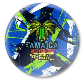 Значок с принтом Jamaica Roots and reggae в Тюмени,  металл | круглая форма, металлическая застежка в виде булавки | jamaica | reggae | roots | летняя | лето | надпись | пальма | раста | регги | рэгги | текст | фраза | ямайка