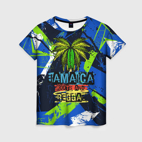 Женская футболка 3D с принтом Jamaica Roots and reggae в Тюмени, 100% полиэфир ( синтетическое хлопкоподобное полотно) | прямой крой, круглый вырез горловины, длина до линии бедер | jamaica | reggae | roots | летняя | лето | надпись | пальма | раста | регги | рэгги | текст | фраза | ямайка