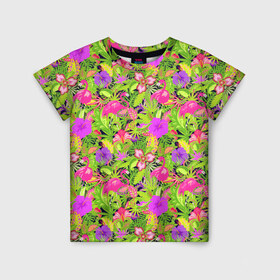 Детская футболка 3D с принтом Flamingo | Tropical в Тюмени, 100% гипоаллергенный полиэфир | прямой крой, круглый вырез горловины, длина до линии бедер, чуть спущенное плечо, ткань немного тянется | flamingo | flamingos | flower | flowers | neon | pink | rose | summer | девочке | девушке | красивая | летняя | неон | парню | подарок | прикольная | приятная | роза | розовая | стильная | текстура | тропики | фламинго | цветок