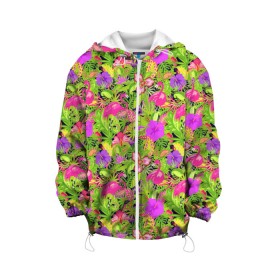 Детская куртка 3D с принтом Flamingo | Tropical в Тюмени, 100% полиэстер | застежка — молния, подол и капюшон оформлены резинкой с фиксаторами, по бокам — два кармана без застежек, один потайной карман на груди, плотность верхнего слоя — 90 г/м2; плотность флисового подклада — 260 г/м2 | flamingo | flamingos | flower | flowers | neon | pink | rose | summer | девочке | девушке | красивая | летняя | неон | парню | подарок | прикольная | приятная | роза | розовая | стильная | текстура | тропики | фламинго | цветок