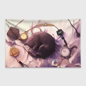 Флаг-баннер с принтом 9 жизней кота в Тюмени, 100% полиэстер | размер 67 х 109 см, плотность ткани — 95 г/м2; по краям флага есть четыре люверса для крепления | 9 жизней | время | девять жизней | клубок | кот | кошка | часы | черный котик