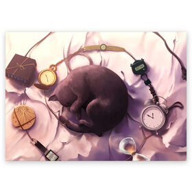 Поздравительная открытка с принтом 9 жизней кота в Тюмени, 100% бумага | плотность бумаги 280 г/м2, матовая, на обратной стороне линовка и место для марки
 | Тематика изображения на принте: 9 жизней | время | девять жизней | клубок | кот | кошка | часы | черный котик