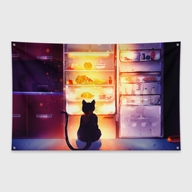 Флаг-баннер с принтом Черный кот холодильник ночь в Тюмени, 100% полиэстер | размер 67 х 109 см, плотность ткани — 95 г/м2; по краям флага есть четыре люверса для крепления | Тематика изображения на принте: арт | вкусняшки | ночной дожор | ночь | преступление | рисунок | холодильник | черный кот