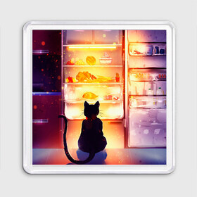 Магнит 55*55 с принтом Черный кот холодильник ночь в Тюмени, Пластик | Размер: 65*65 мм; Размер печати: 55*55 мм | арт | вкусняшки | ночной дожор | ночь | преступление | рисунок | холодильник | черный кот