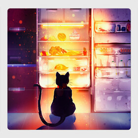 Магнитный плакат 3Х3 с принтом Черный кот холодильник ночь в Тюмени, Полимерный материал с магнитным слоем | 9 деталей размером 9*9 см | арт | вкусняшки | ночной дожор | ночь | преступление | рисунок | холодильник | черный кот