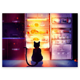 Поздравительная открытка с принтом Черный кот холодильник ночь в Тюмени, 100% бумага | плотность бумаги 280 г/м2, матовая, на обратной стороне линовка и место для марки
 | Тематика изображения на принте: арт | вкусняшки | ночной дожор | ночь | преступление | рисунок | холодильник | черный кот