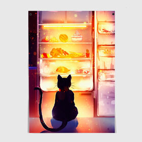 Постер с принтом Черный кот холодильник ночь в Тюмени, 100% бумага
 | бумага, плотность 150 мг. Матовая, но за счет высокого коэффициента гладкости имеет небольшой блеск и дает на свету блики, но в отличии от глянцевой бумаги не покрыта лаком | арт | вкусняшки | ночной дожор | ночь | преступление | рисунок | холодильник | черный кот