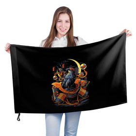 Флаг 3D с принтом ВОРОН СТИМПАНК в Тюмени, 100% полиэстер | плотность ткани — 95 г/м2, размер — 67 х 109 см. Принт наносится с одной стороны | dark | ворон | луна | мечи | мрак | ночь | самурай | стимпанк