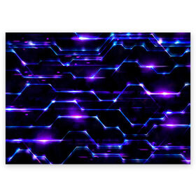 Поздравительная открытка с принтом Технологии будущее нано броня в Тюмени, 100% бумага | плотность бумаги 280 г/м2, матовая, на обратной стороне линовка и место для марки
 | блоки | броня | будущее | геометрия | детали | линии | нано | неон | программистам | свет | синий | схема | текстура | техно | технологии | ультра | фиолетовый