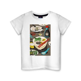 Детская футболка хлопок с принтом Азиатская еда в Тюмени, 100% хлопок | круглый вырез горловины, полуприлегающий силуэт, длина до линии бедер | блюда | готовка | еда | кулинар | повар | шеф повар