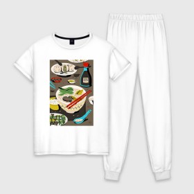 Женская пижама хлопок с принтом Азиатская еда в Тюмени, 100% хлопок | брюки и футболка прямого кроя, без карманов, на брюках мягкая резинка на поясе и по низу штанин | блюда | готовка | еда | кулинар | повар | шеф повар