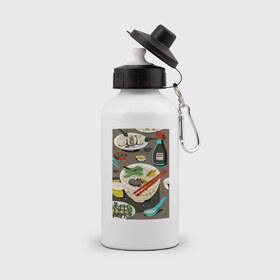 Бутылка спортивная с принтом Азиатская еда в Тюмени, металл | емкость — 500 мл, в комплекте две пластиковые крышки и карабин для крепления | блюда | готовка | еда | кулинар | повар | шеф повар