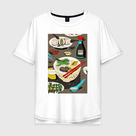 Мужская футболка хлопок Oversize с принтом Азиатская еда в Тюмени, 100% хлопок | свободный крой, круглый ворот, “спинка” длиннее передней части | блюда | готовка | еда | кулинар | повар | шеф повар