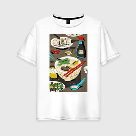 Женская футболка хлопок Oversize с принтом Азиатская еда в Тюмени, 100% хлопок | свободный крой, круглый ворот, спущенный рукав, длина до линии бедер
 | блюда | готовка | еда | кулинар | повар | шеф повар
