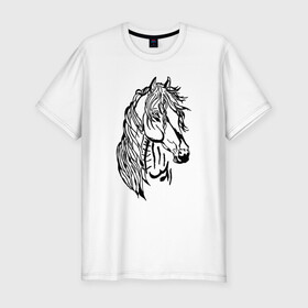 Мужская футболка хлопок Slim с принтом Конь Art в Тюмени, 92% хлопок, 8% лайкра | приталенный силуэт, круглый вырез ворота, длина до линии бедра, короткий рукав | black | casual | cowboy | horse | арт | голова | грива | дикие | единорог | жеребец | животные | звери | кобыла | ковбой | конь | краски | лошадка | лошадь | мерин | мустанг | парнокопытные | пегас | пони | рисунок