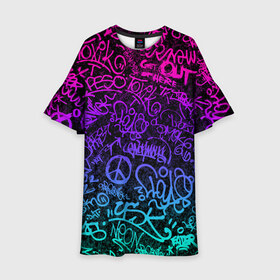 Детское платье 3D с принтом Граффити Neon в Тюмени, 100% полиэстер | прямой силуэт, чуть расширенный к низу. Круглая горловина, на рукавах — воланы | blue | cyberpunk | drawing | graffiti | lettering | neon | paint | purple | text | брызги | граффити | киберпанк | краска | надписи | неон | рисунок | синий | текст | фиолетовый