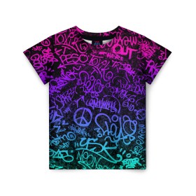 Детская футболка 3D с принтом Граффити Neon в Тюмени, 100% гипоаллергенный полиэфир | прямой крой, круглый вырез горловины, длина до линии бедер, чуть спущенное плечо, ткань немного тянется | blue | cyberpunk | drawing | graffiti | lettering | neon | paint | purple | text | брызги | граффити | киберпанк | краска | надписи | неон | рисунок | синий | текст | фиолетовый