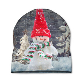 Шапка 3D с принтом Снеговик, Новогодняя в Тюмени, 100% полиэстер | универсальный размер, печать по всей поверхности изделия | ёлки | красный | новый год | снег | снеговик