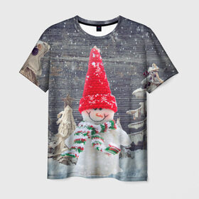 Мужская футболка 3D с принтом Снеговик, Новогодняя в Тюмени, 100% полиэфир | прямой крой, круглый вырез горловины, длина до линии бедер | ёлки | красный | новый год | снег | снеговик