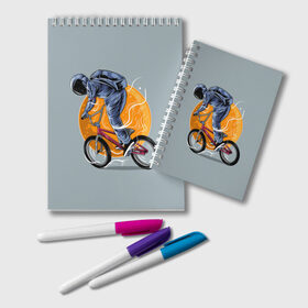 Блокнот с принтом Космический велосипедист (Z) в Тюмени, 100% бумага | 48 листов, плотность листов — 60 г/м2, плотность картонной обложки — 250 г/м2. Листы скреплены удобной пружинной спиралью. Цвет линий — светло-серый
 | bicycle | bicyclist | bike | biker | bmx | cycle | galaxy | moon | rider | space | stars | байкер | бмх | вело | велогонщик | велосепедист | велосипед | велоспорт | гонщик | космос | луна