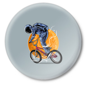 Значок с принтом Космический велосипедист (Z) в Тюмени,  металл | круглая форма, металлическая застежка в виде булавки | bicycle | bicyclist | bike | biker | bmx | cycle | galaxy | moon | rider | space | stars | байкер | бмх | вело | велогонщик | велосепедист | велосипед | велоспорт | гонщик | космос | луна