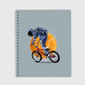 Тетрадь с принтом Космический велосипедист (Z) в Тюмени, 100% бумага | 48 листов, плотность листов — 60 г/м2, плотность картонной обложки — 250 г/м2. Листы скреплены сбоку удобной пружинной спиралью. Уголки страниц и обложки скругленные. Цвет линий — светло-серый
 | Тематика изображения на принте: bicycle | bicyclist | bike | biker | bmx | cycle | galaxy | moon | rider | space | stars | байкер | бмх | вело | велогонщик | велосепедист | велосипед | велоспорт | гонщик | космос | луна