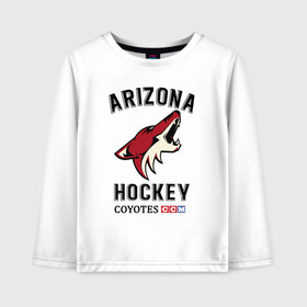 Детский лонгслив хлопок с принтом ARIZONA COYOTES в Тюмени, 100% хлопок | круглый вырез горловины, полуприлегающий силуэт, длина до линии бедер | arizona | coyotes | game | hockey | nhl | usa | аризона | игра | койоты | нхл | спорт | сша | шайбу