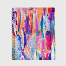 Тетрадь с принтом ПЕРЬЯ в Тюмени, 100% бумага | 48 листов, плотность листов — 60 г/м2, плотность картонной обложки — 250 г/м2. Листы скреплены сбоку удобной пружинной спиралью. Уголки страниц и обложки скругленные. Цвет линий — светло-серый
 | geometry | kaleidoscope | pastel | pattern | polyscape | space | summer | textures | tie dye | абстракт | каледоскоп | космос | летняя | паттерн | перья | полискейп | тай дай | текстура | текстуры | хиппи | цвета