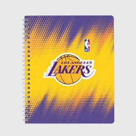 Тетрадь с принтом Los Angeles Lakers в Тюмени, 100% бумага | 48 листов, плотность листов — 60 г/м2, плотность картонной обложки — 250 г/м2. Листы скреплены сбоку удобной пружинной спиралью. Уголки страниц и обложки скругленные. Цвет линий — светло-серый
 | Тематика изображения на принте: basketball | game | lakers | los angeles | los angeles lakers | nba | sport | баскетбол | игра | лейкерс | лос анджелес | лос анджелес лейкерс | нба | спорт